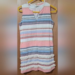 Spartina 449 Colorful Striped  V-Neck Sleeveless Tunic Dress with Fringe XS